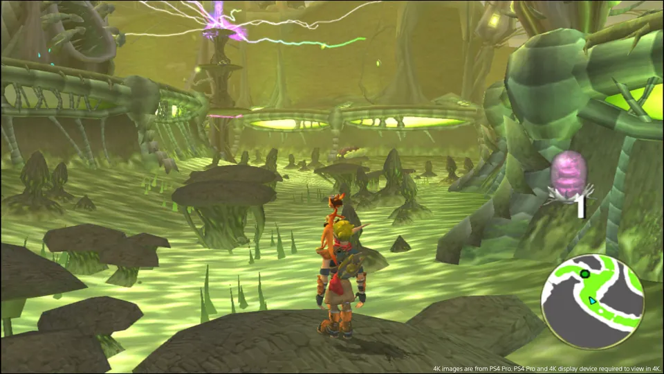 A small figure explores a glowing green swamp under crackling electric towers in Jak 3