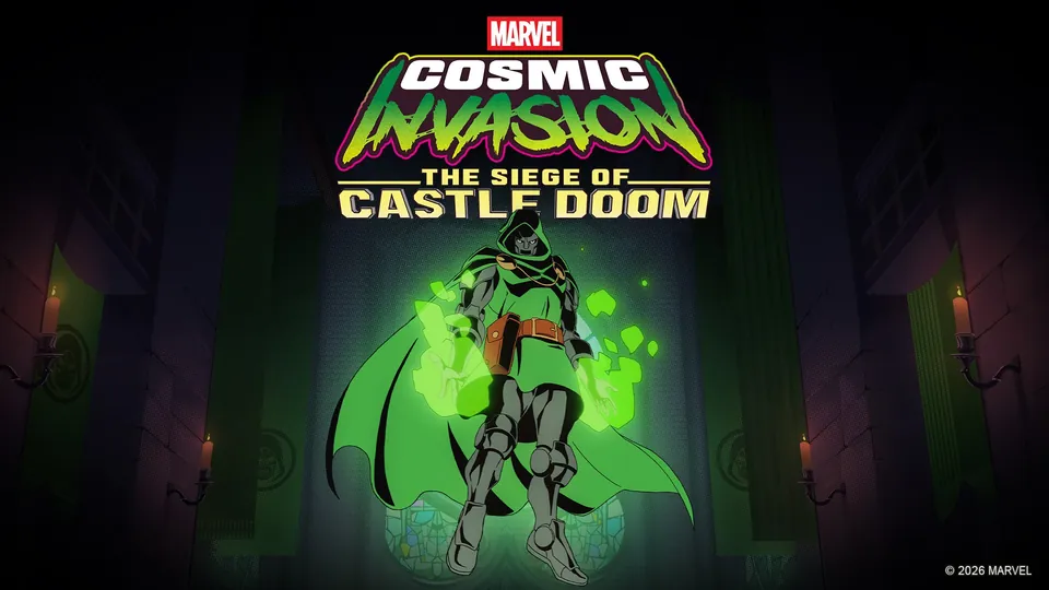 Key art for The Siege of Castle Doom: Doctor Doom floats with green energy in both hands inside a dark castle hall with candles and a stained-glass window