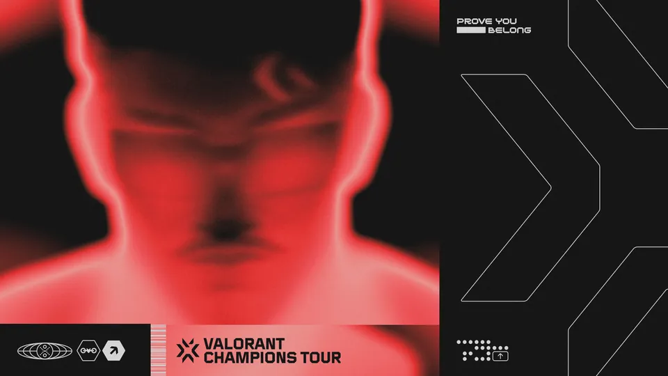 Valorant Champions Tour key art with a blurred red portrait of a player and the line Prove you belong