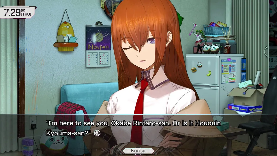 Kurisu Makise winks inside the Future Gadget Laboratory in a redrawn Steins;Gate Re:Boot scene