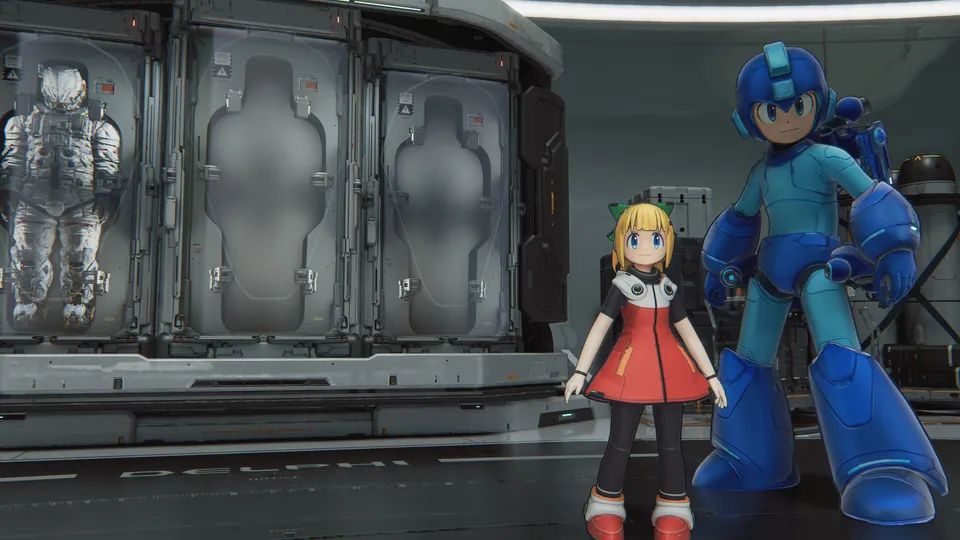 Hugh in an anime-style blue Mega Man suit stands next to Diana in a red Roll-inspired dress in the Shelter in Pragmata's free Mega Man Pack