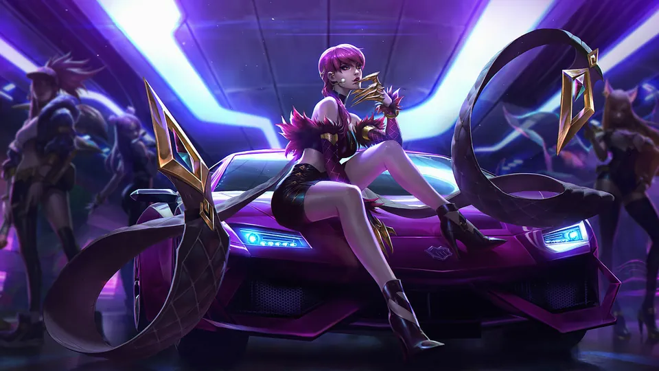 K/DA Evelynn sits on the hood of a purple sports car with long claws