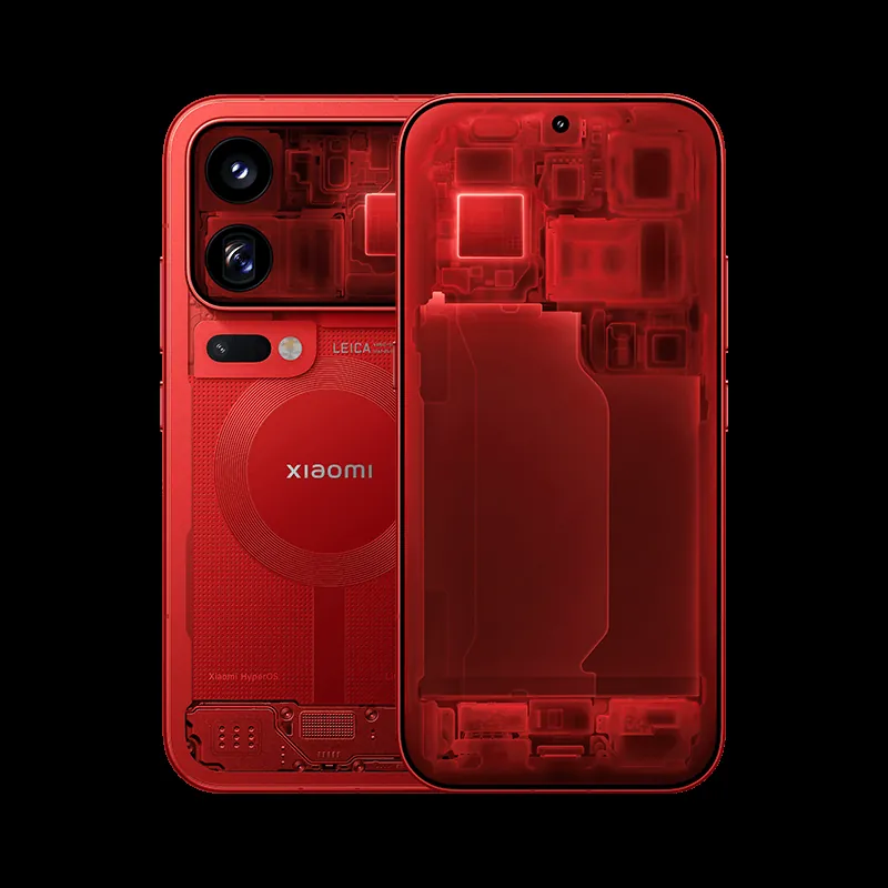 The red transparent edition of the Xiaomi 18 Pro, with its internals visible through the back