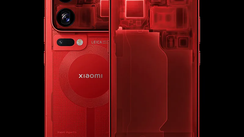 The red transparent edition of the Xiaomi 18 Pro, with its internals visible through the back