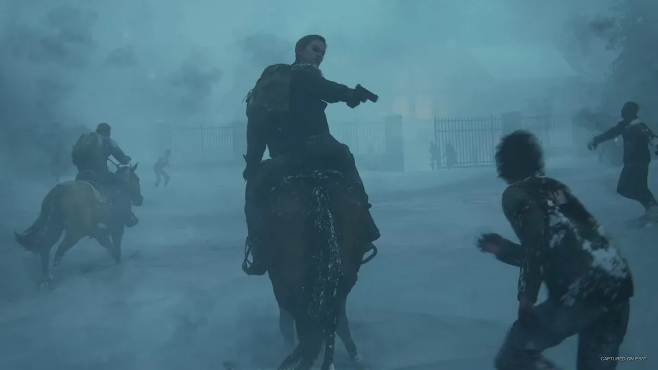 Riders on horseback fighting infected in a snowstorm in The Last of Us Part II Remastered