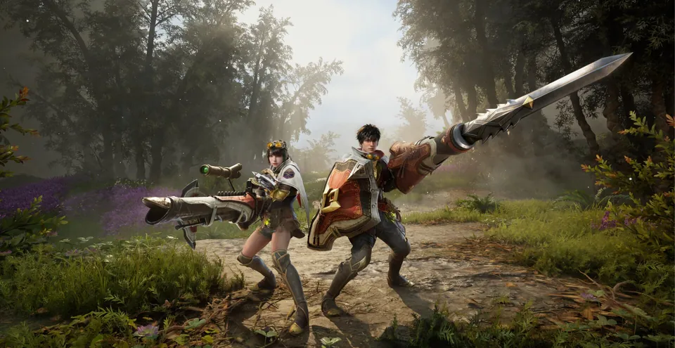 Two Monster Hunter Outlanders Adventurers posing with their weapons on a sunlit forest path