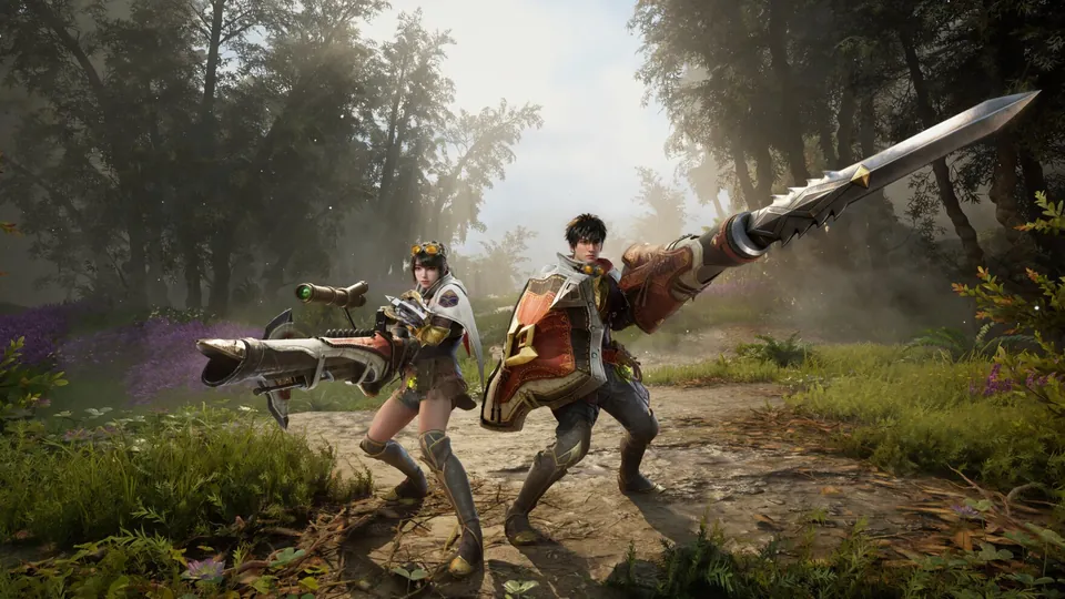 Two Monster Hunter Outlanders Adventurers posing with their weapons on a sunlit forest path