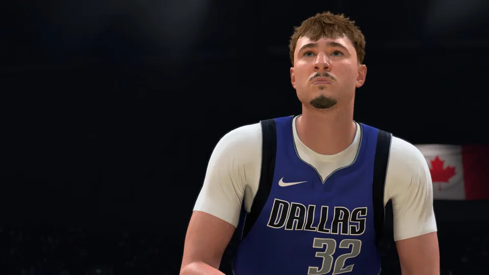 A Dallas Mavericks player in a No. 32 jersey in NBA 2K27