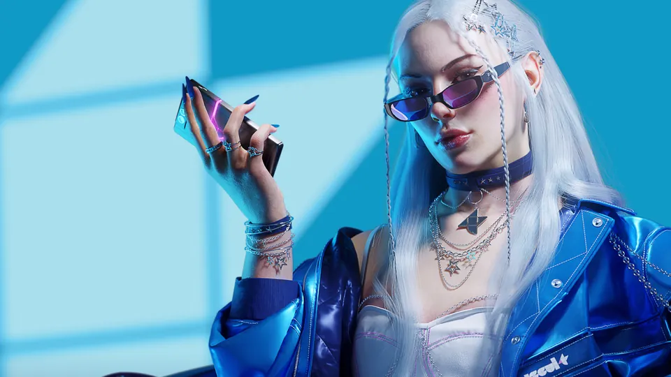 Sponsor Handler from THE FINALS with long white hair, sunglasses and a blue jacket, holding a phone