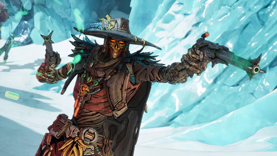 C4SH the Rogue in a wide-brimmed hat aims two pistols on an icy slope