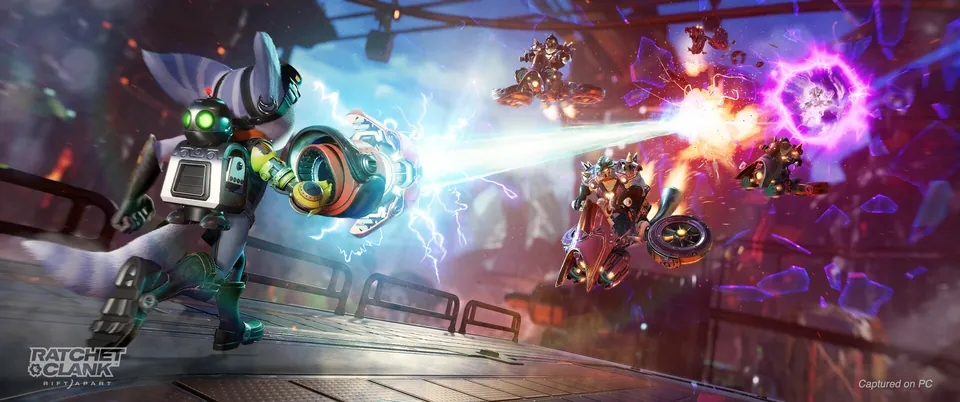 A Lombax with Clank on its back fires an electric beam at flying enemies in Ratchet & Clank: Rift Apart