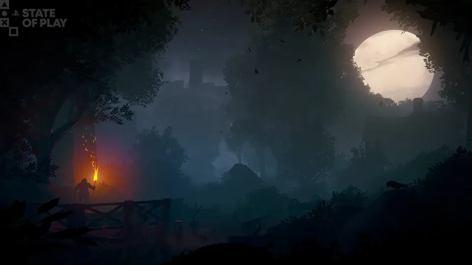 A moonlit forest with a lone torch in Hunter's Moon