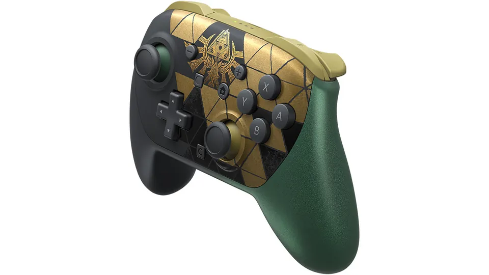 The Zelda 40th Anniversary Edition Pro Controller for Switch 2 in black, gold and green.