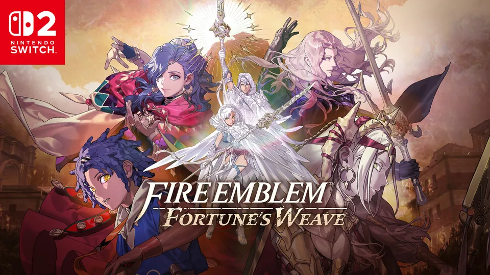 Fire Emblem: Fortune's Weave key art with the main characters in armor and robes and the Nintendo Switch 2 logo
