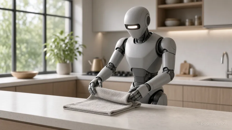 Illustration: a generic grey humanoid robot folds a towel on a kitchen counter
