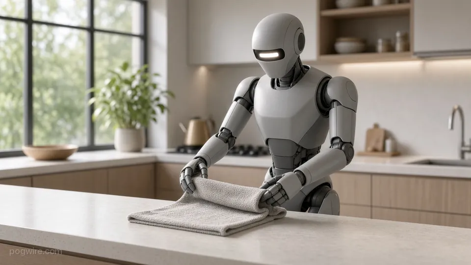Illustration: a generic grey humanoid robot folds a towel on a kitchen counter