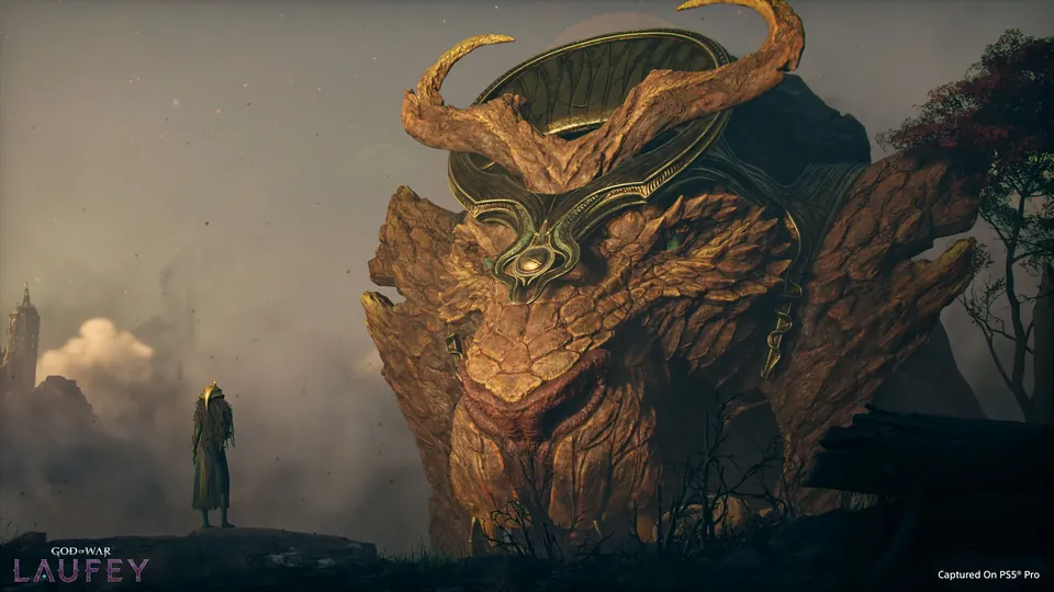 A giant horned stone god looming over a small figure in the mist