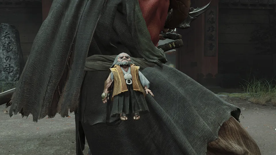 The Mentor charm, a small figure of an old swordsman, hangs from Musashi's belt in Onimusha: Way of the Sword