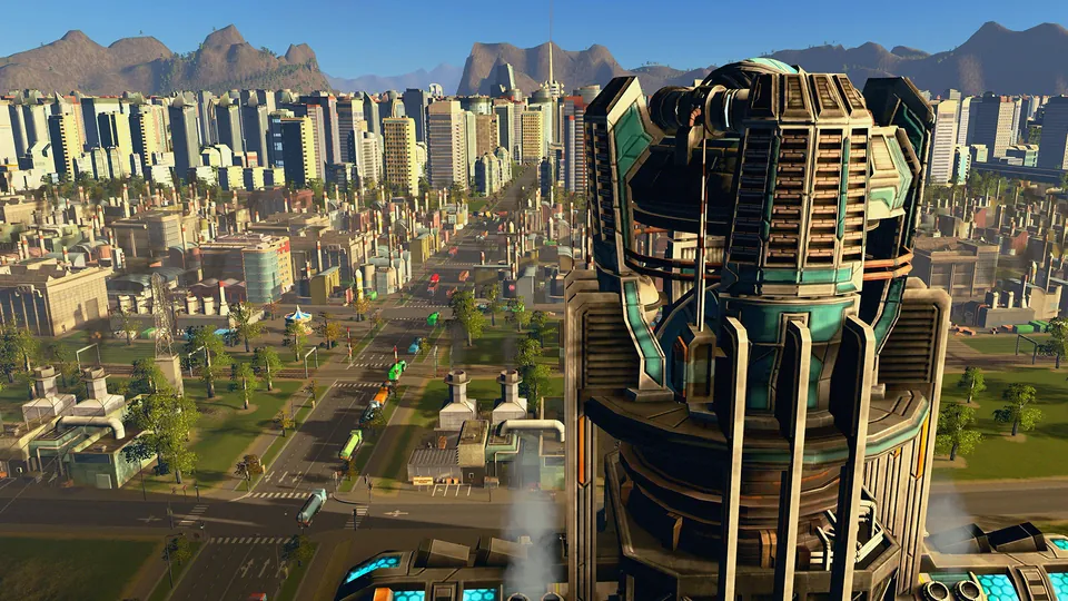 A futuristic tower rises over an industrial district and a skyline of high-rises below rocky mountains in Cities: Skylines Expanded Edition