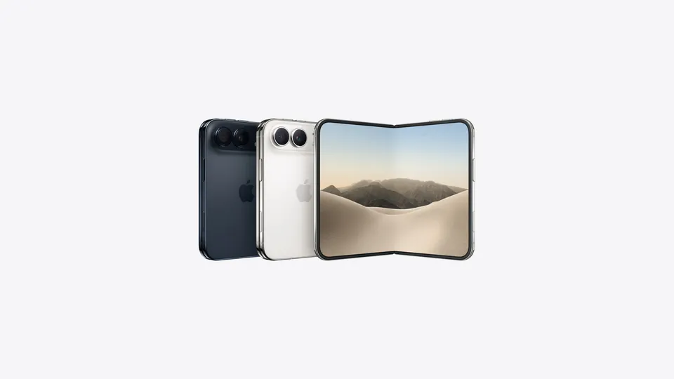 Night sky and star white iPhone Duo models next to an open iPhone Duo showing a desert landscape
