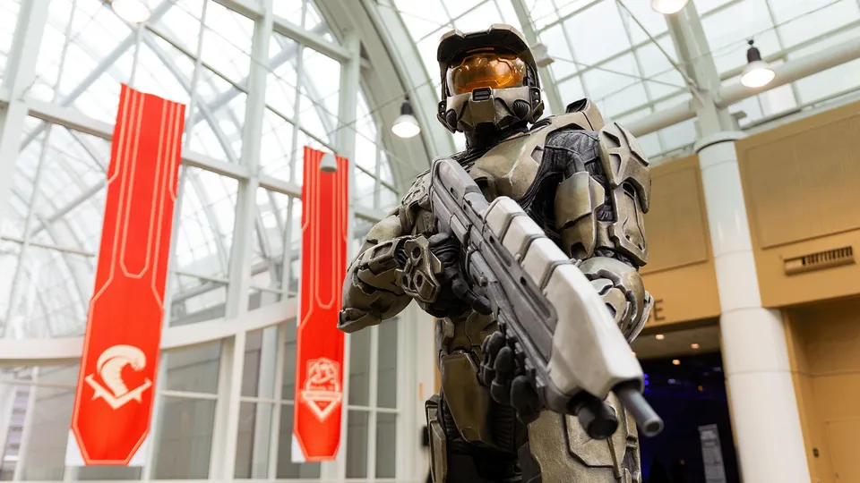 Master Chief statue under red banners at the 2025 Halo World Championship