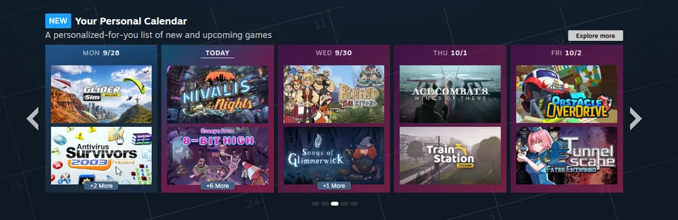 The Your Personal Calendar row on the Steam store front page, with game capsules sorted into columns from Monday to Friday