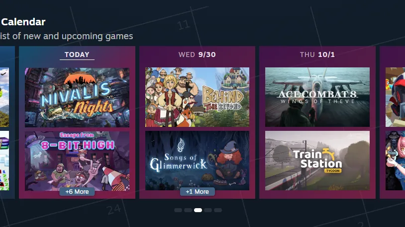 The Your Personal Calendar row on the Steam store front page, with game capsules sorted into columns from Monday to Friday