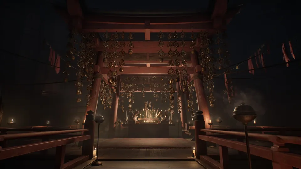 A candlelit shrine hung with red ropes and offerings glows at the end of a dark hall in Silent Hill f