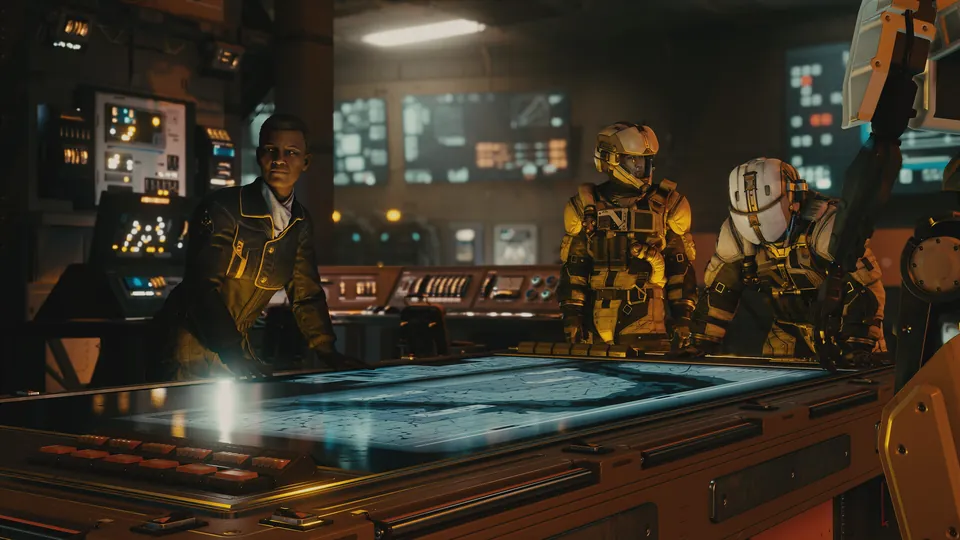 Terran Armada soldiers and an officer gather around a glowing tactical table aboard a ship in Starfield.