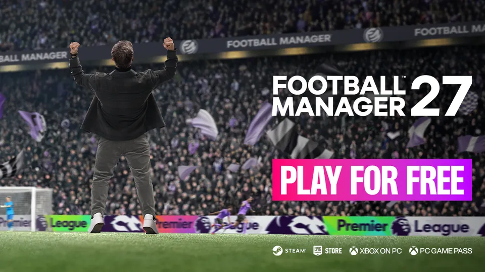Football Manager 27 key art with a manager raising both arms on the touchline and a Play for free banner