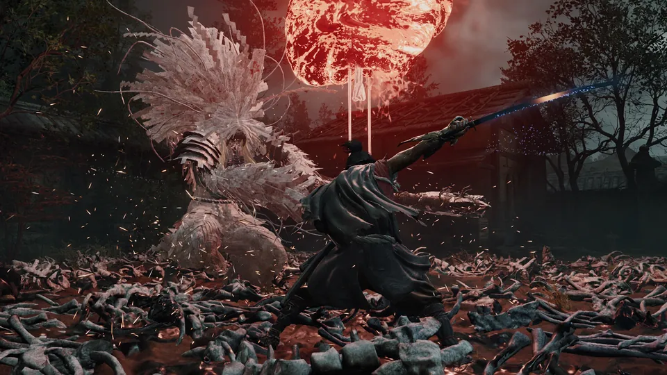 Musashi slashes at a towering Genma covered in white feathers under a red moon in Onimusha: Way of the Sword