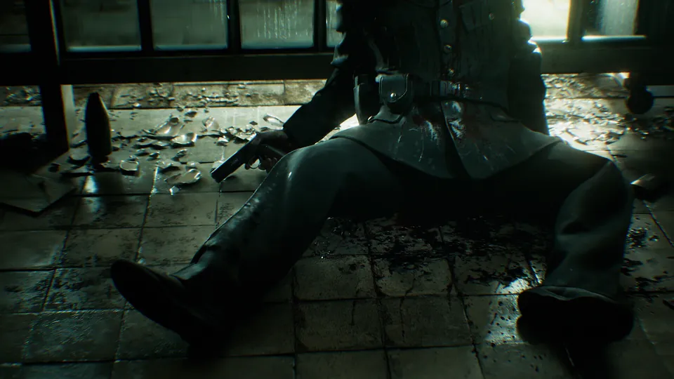 A bloodied guard slumps on a tiled floor among broken glass, a pistol in one hand, in Resident Evil Veronica