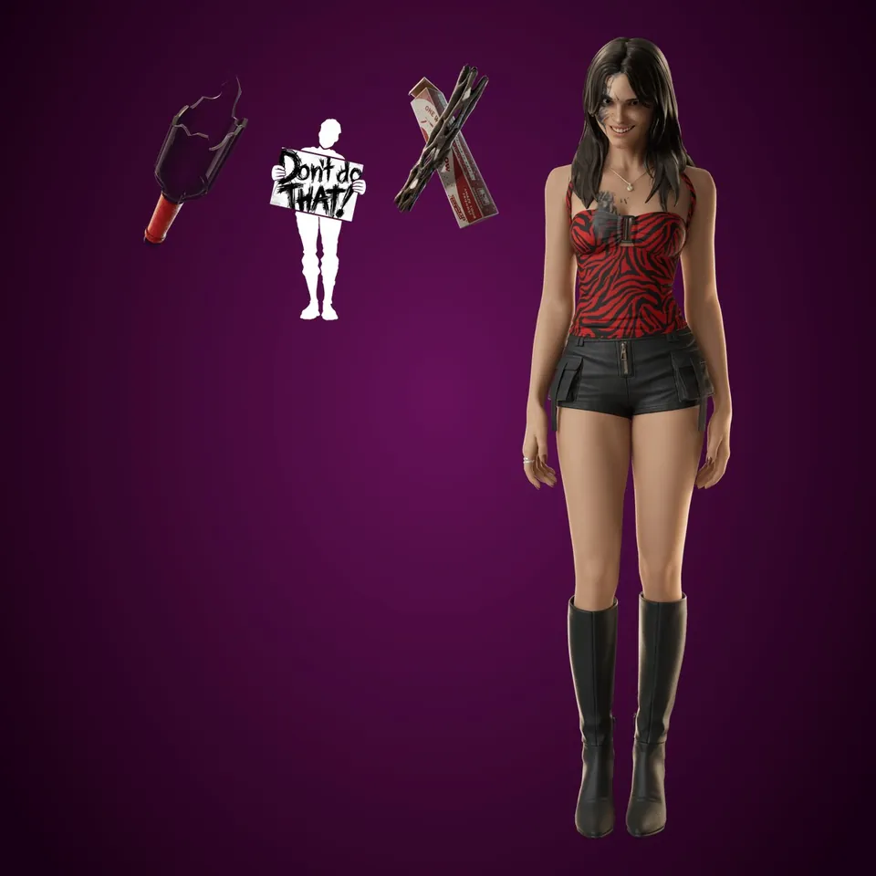 The Fortnite Obsession Bundle with the Nikki outfit, a broken bottle pickaxe, a sign emote and the One Wish Willow back bling