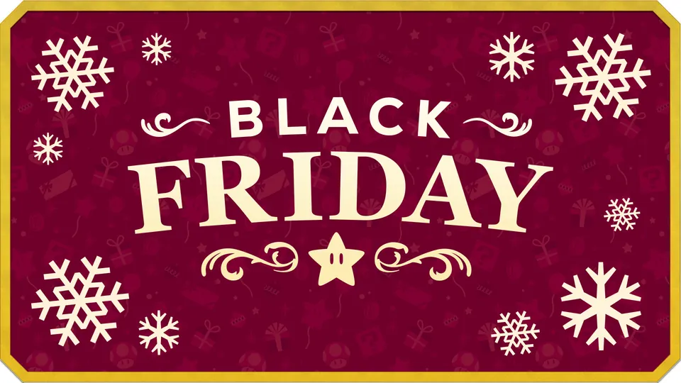 Nintendo's Black Friday banner with gold lettering, a star and snowflakes on a dark red background