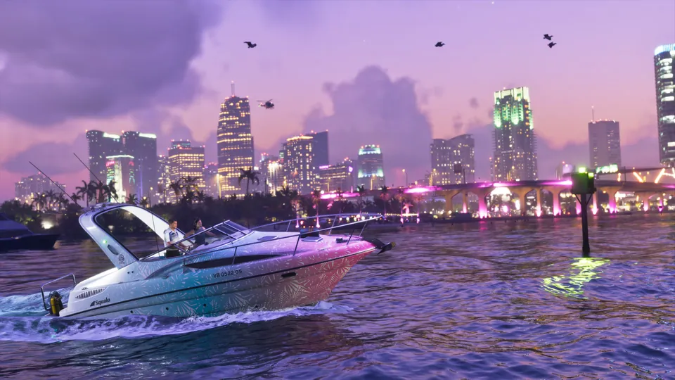A speedboat cuts across the water in front of the Vice City skyline at dusk in GTA 6