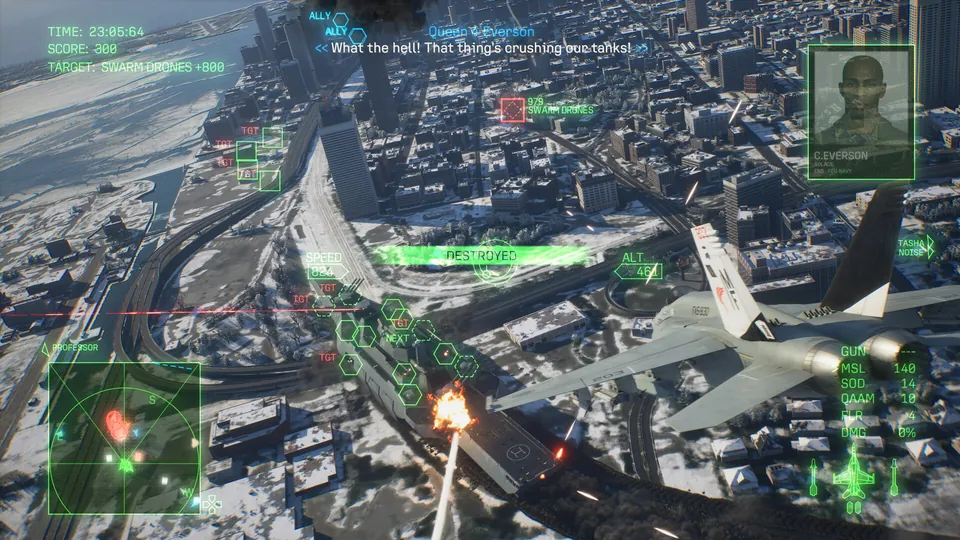 A fighter jet flies low over a snowy city as a target explodes below, with a green flight display, in Ace Combat 8