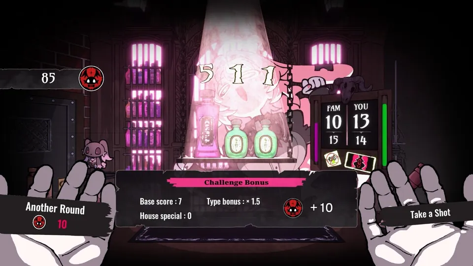 A bonus screen over the bar shows a challenge bonus of plus 10