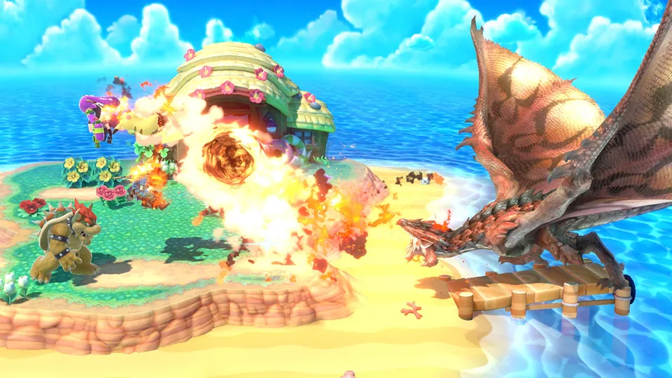 Bowser and Ridley trade fire on a tropical island stage in Super Smash Bros. Ultimate