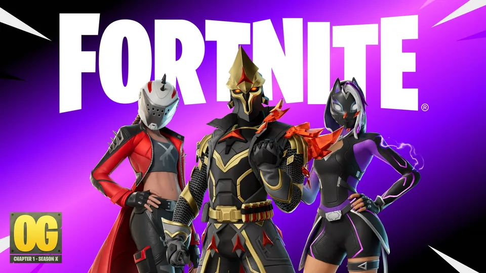 Three Fortnite outfits, one in gold armor, posing on a purple background under the Fortnite logo with an OG badge