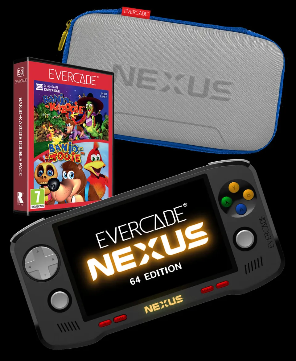 The Evercade Nexus 64 Edition with colored face buttons sits below a gray Nexus hard case and the Banjo-Kazooie Double Pack box