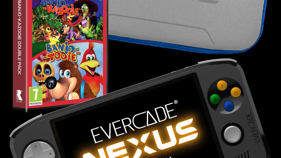 The Evercade Nexus 64 Edition with colored face buttons sits below a gray Nexus hard case and the Banjo-Kazooie Double Pack box