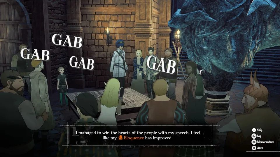 Townspeople gather around a stone statue as speech bubbles reading Gab fill the room