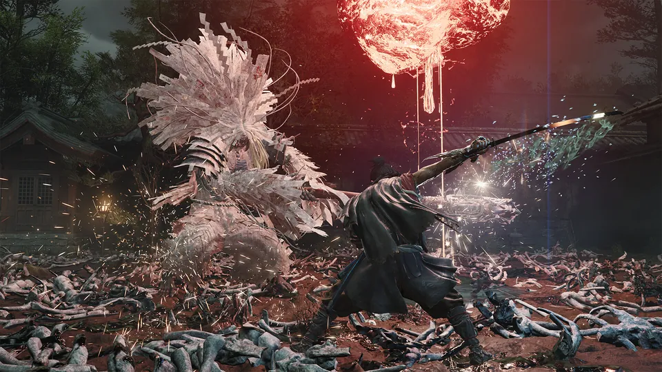Musashi fights a towering white-maned Genma under a red moon on a battlefield of bones in Onimusha: Way of the Sword
