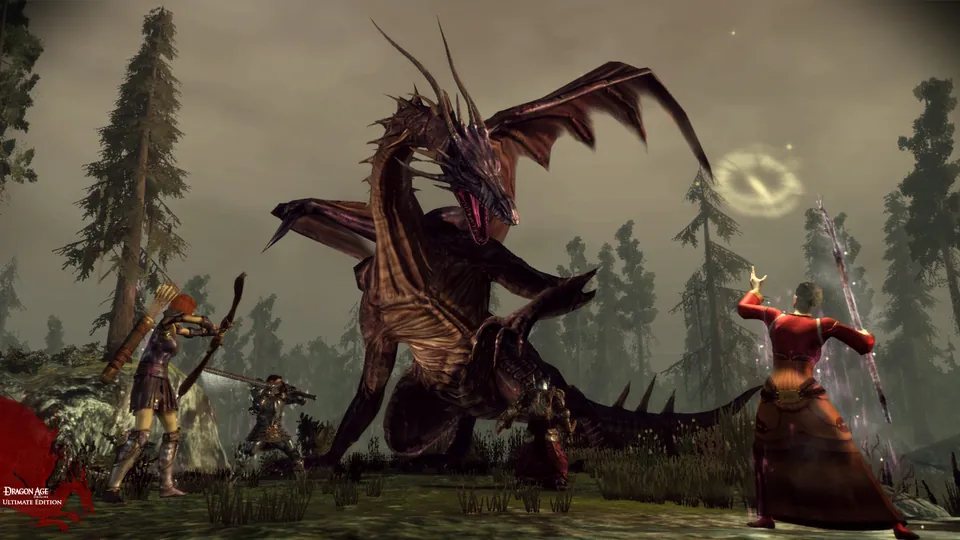 Three heroes fight a giant dragon in a pine forest in Dragon Age: Origins