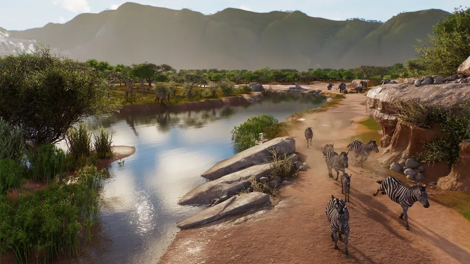 Zebras running along a river in a wide savanna habitat