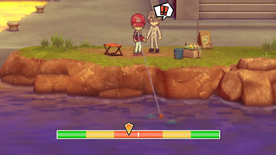 A fishing mini-game by the water at Duel Academy in Yu-Gi-Oh! Tag Force GX