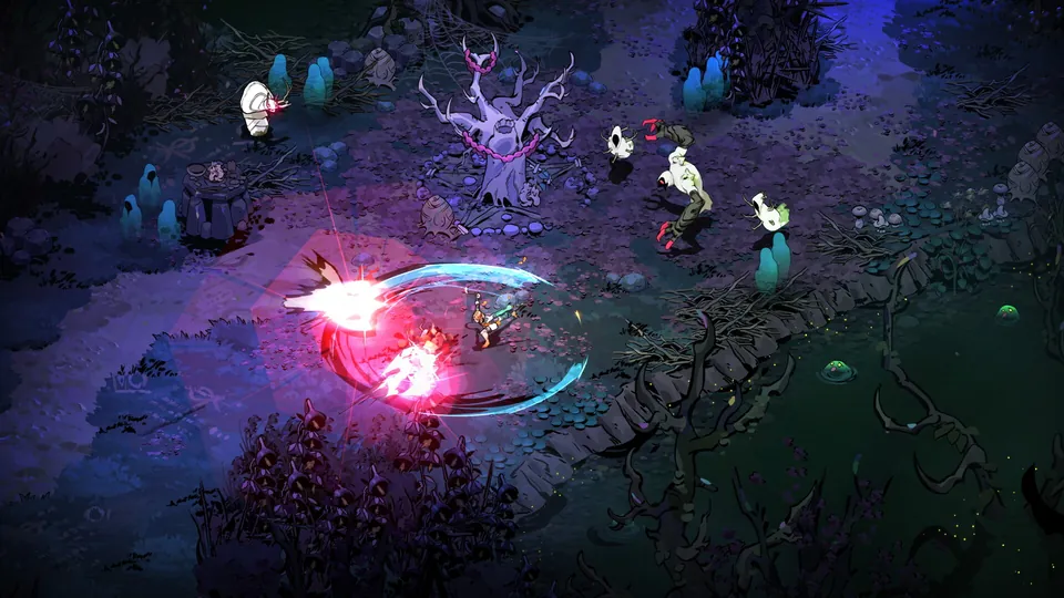 Melinoë slashes through glowing enemies in a purple forest of twisted trees