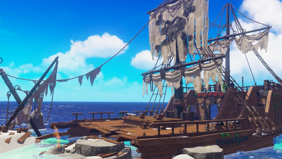 The wrecked pirate ship Gangplank Galleon rests on a beach under a blue sky on DK Island in Donkey Kong Bananza