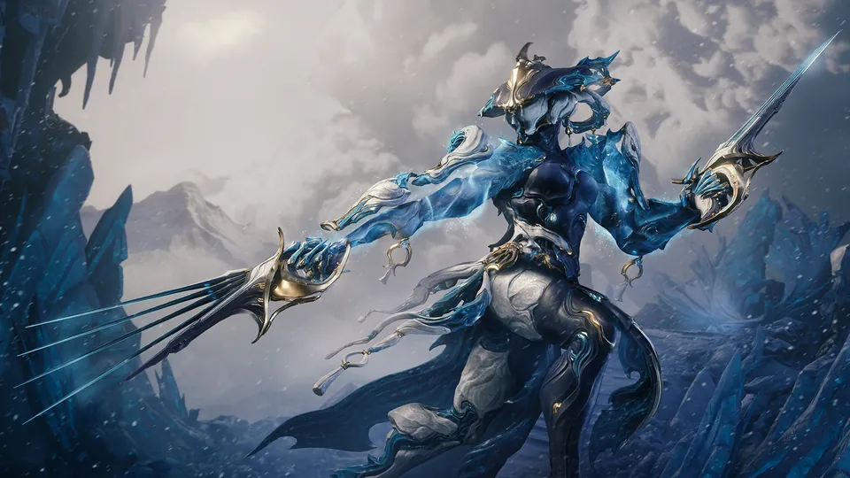 Narin, an ice Warframe with a rapier and a flowing blue cape, lunging across a snowy, frozen landscape