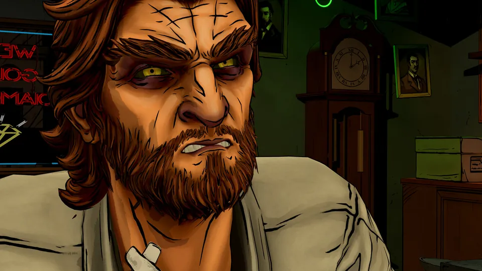 Bigby Wolf glares with yellow eyes and bared teeth in a close-up from The Wolf Among Us Remastered